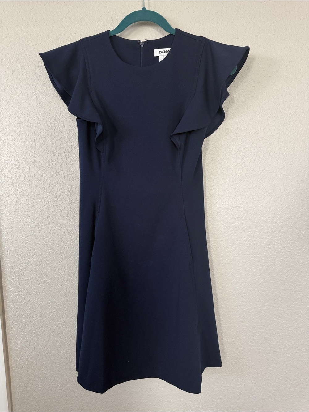 DKNY Navy Ruffle Sleeve Midi Dress